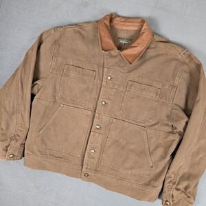 JL Powell Canvas Jacket Mens 2XL Button Leather Collar Trucker Work Brown